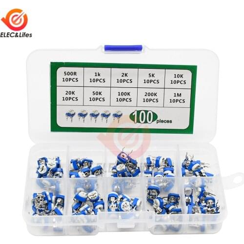 100Pcs/Box RM065 Carbon Film Horizontal Trimpot Potentiometer Assortment Kit 10 Values 1K 5K 10K 20K 50K 100K Variable Resistor