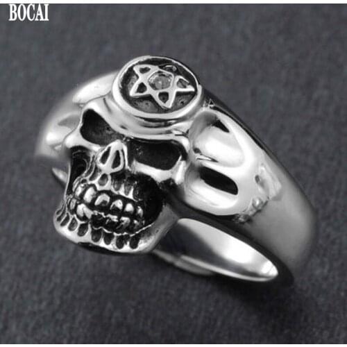 BOCAI real Original 100% S925 silver man ring six-pointed star skull index finger ring single personality high-quality gift