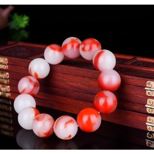 Natural Red White Jade Round Beads Bracelet Chinese Hand-Carved Charm Jewelry Fashion Amulet Accessories for Men Women Gifts