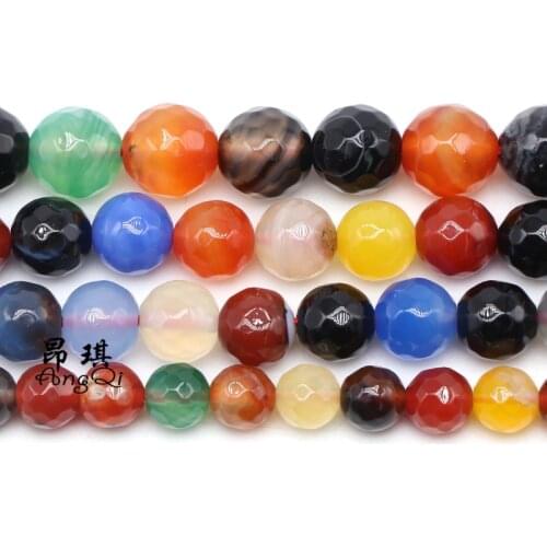 Natural Stone Faceted Colorful Agates Round Loose Beads 4-12mm Pick Size Spacer Beads For Jewelry Making DIY Bracelets Necklaces