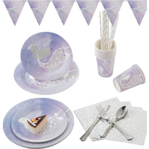 Purple Bronzing Mermaid Tableware Birthday Party Decoration Kids Disposable Paper Plate Cup Baby Shower Favors Wedding Supplies