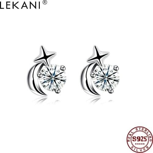 LEKANI Geometric Cross And Moon 925 Sterling Silver Stud Earrings For Women Clear Cubic Zirconia Wedding Earring Fine Jewelry