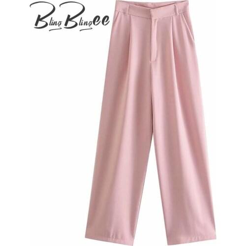 BlingBlingee Summer Women Suits Pants High Waist Career Pants Office Lady Wide Leg Pants Casual Loose Long Trousers Bottoms