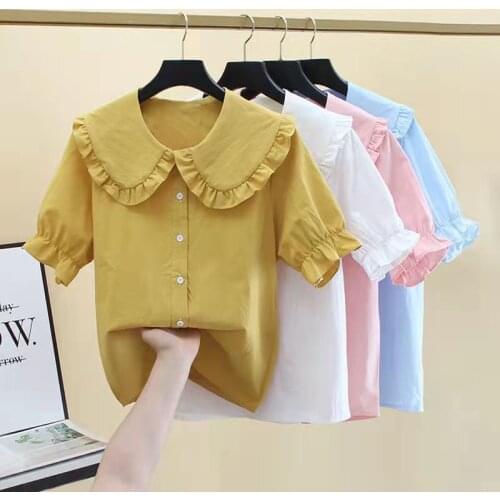 Summer Girl Sweet Cute Lolita Style Ruffle Chiffon Blouse Women Peter Pan Collar Shirt Elegant Short Sleeve Casual Preppy Style