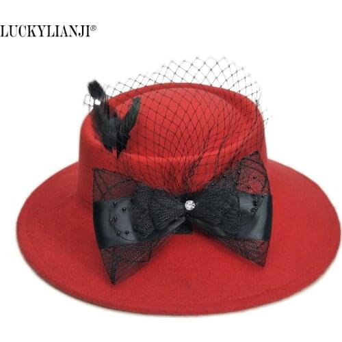 LUCKYLIANJI Women Female British Bow Net Feather Wool Felt Fashion Wide Brim Fedora Porkpie Pork Pie Bowler Hat (57CM Adjust)