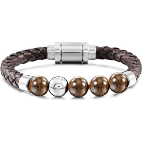 Fashion Charm Male Leather Bracelet Lava Tiger Eye Stone Beads Stainless Steel Bracelets & Bangles for Men Punk Jewelry