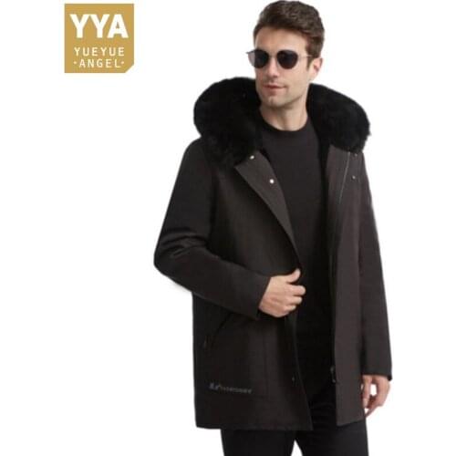 Men Casual Fox Fur Collar Hooded Parkas Winter Warm Thick Real Rex Rabbit Fur Liner Trench Coat Unisex Business Office Outerwear