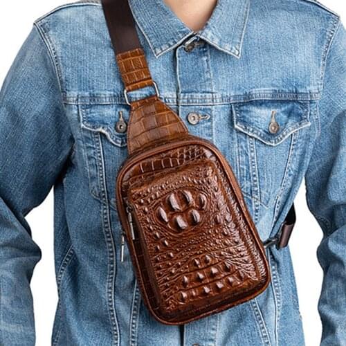 Genuine Leather Men Messenger Chest Bag Rucksack Knapsack Crocodile Pattern Travel Male Shoulder Cowhide Sling Daypack Backpack