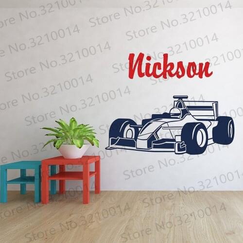 Custom Boys Name Wall Sticker F1 Equation Racing Car Kids Room Name Cut Vinyl Personalized Name DIY Decor Wall Decals PW917