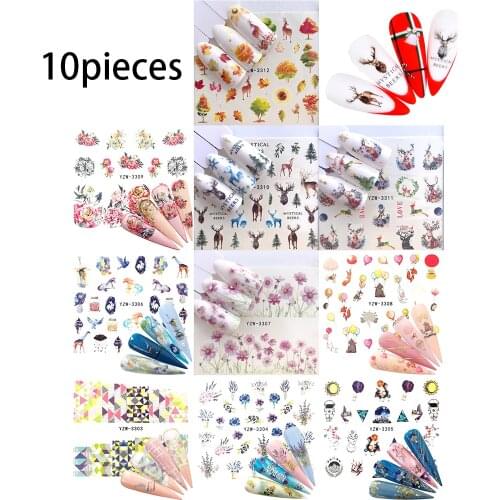 10 Kinds/lot Floral Nail Watermark Sticker Leaves Ballon Nail Art Decoration Flowers Nail Stickers Set Water Transfer Stickers