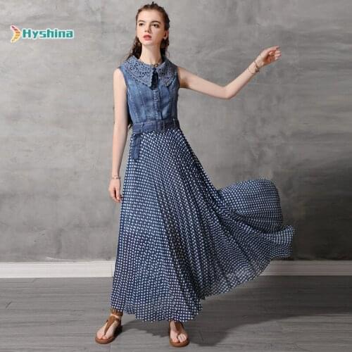 Original womens dress new style stitched Denim Long Skirt retro Polka Dot tank top dress