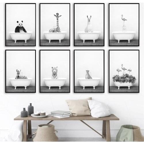Bathtub Animal Poster Elephant Panda Giraffe Flamingos Tiger Bathroom Toilet Canvas Painting Nordic Bathroom Prints Home Decor