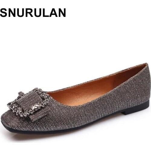 SNURULAN Spring Women Flats Metal Slip on Flat Shoes Square Toe Rhinestones Loafers Comfortable Woman Shoes Ballet Flats