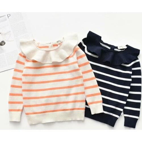 Spring Lotus Leaf Collar Baby Kids Girls Long Sleeve Stripe Knit Sweater Autumn Kids Girls Pullover Sweaters Childrens Clothes