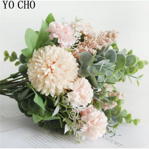 Green Eucylaptus Artificial Silk Flower Small Bouquet Flore Pompon Lucky Ball Home Party Spring Wedding Decor Mariage Fake Flore