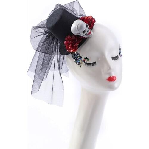 Hats Steam Punk Mini Top Hat Women Fedora With Skull Hair Clip Lolita Vintage Hat Flowers Hair Accessories For Women Halloween