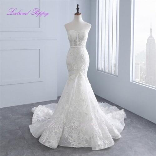 Lceland Poppy Mermaid Strapless Wedding Dresses Pearls Beaded Lace Appliques Sequined Vestido de novia Bridal Gowns