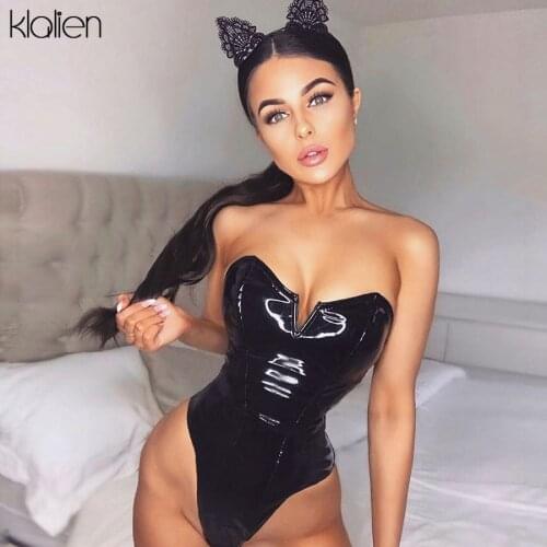 KLALIEN sexy Small V design Black PU Leather Strapless backless bodysuits Women 2020 autumn fashion street party bodysuit mujer