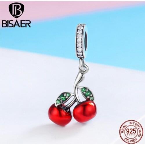 BISAER 925 Sterling Silver Cherry Fruit Red Enamel Charms Beads Fit Original Charm Bracelet Silver 925 Jewelry Making ECC784