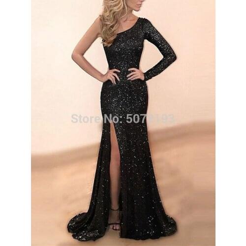 Hot sale simple one-shoulder full sleeves natural mermaid/trumpet sequins floor-length dress/gown right slit free shipping