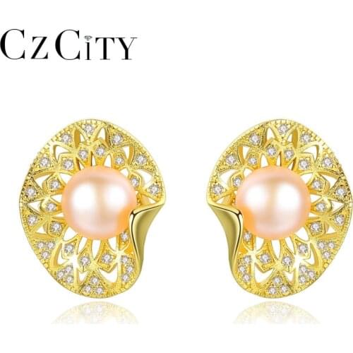 CZCITY Elegant Series 7mm Natural Pearl Stud Earring for Women Unique Design Hollow Pattern S925 Silver Pearl Earrings Jewellery