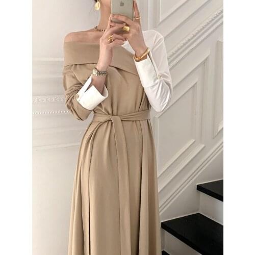 Elegant Sweet WomenS Dress 2021 Spring Fall New Korean One-Piece V-Neck Stitching Fake Two-Piece Lace-Up Waist Dress Long Dress