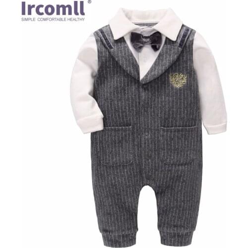 Ircomll Fashion Gentleman Baby Boys Clothes For Wedding Birthday Party Infant Newborn Bow Tie Covered Button Striped Rompers