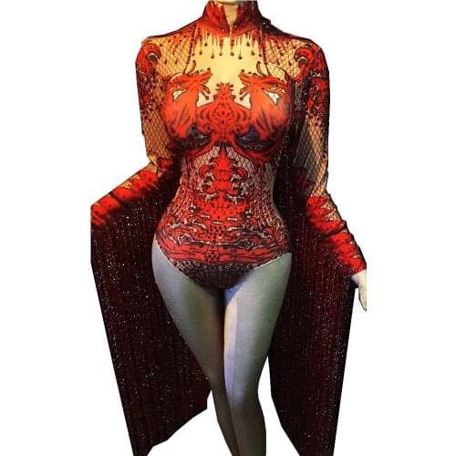 Long Sleeve Bodycon Fringes Bodysuits Women Birthday Celebrate Romper Jumpsuit Singer Performance Club Stage Jazz Dance Costume