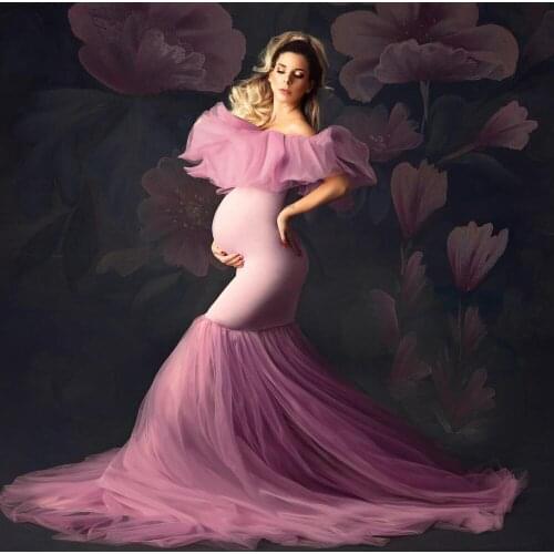 Pretty Pink Elastic Soft Fabric Long Maternity Dresses Ruffles Tulle Off The Shoulder Mermaid Pageant Gown