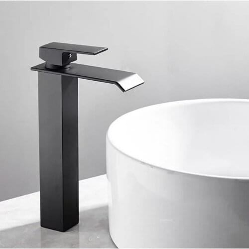 Square Chrome and Black Waterfall Basin Sink Faucet Bathroom Mixer Tap Wide Spout Vessel Sink Fauet Hot Cold Water Tap