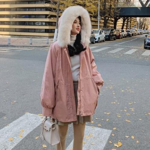 2021 Womens Winter New Big Fur Collar Hooded Coats Female Plus Velvet Thick Parkas Ladies Loose Cotton-padded Jackets Y634