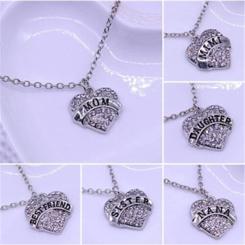 New Arrive Heart Pendant Rhinestone Necklace Nana MOM BestFriend Letter Crystal White Jewelry Women Chain Family Christmas Gift