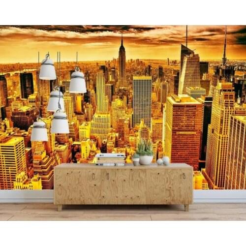 NY25 Custom Wallpaper Golden Skyscrapers Wall Mural Living Room Bedroom Wallpaper