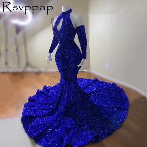Sexy Sparkly Sequin Mermaid African Girl Prom Dresses 2021 Real Picture High Neck Long Sleeves Royal Blue Party Prom Dress