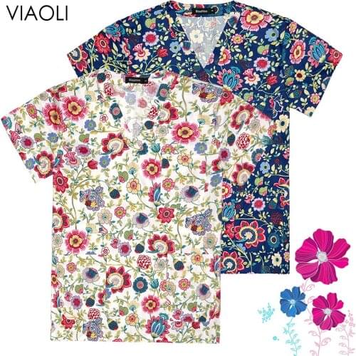 Floral Printing Pharmacy Work Clothes S-XXL Nursing Tops Women Pet Clinic Health Service Workwear V-neck Medical Doctor T-shirt