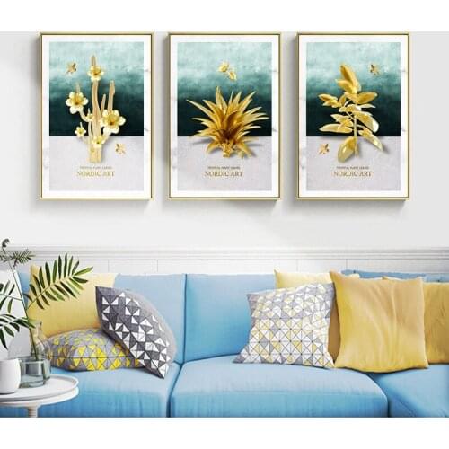 Luxuriant Golden Flowers and Birds Nordic Wall Art Posters Tropical Plants Leaves Animals Canvas Painting for Living Room Décor