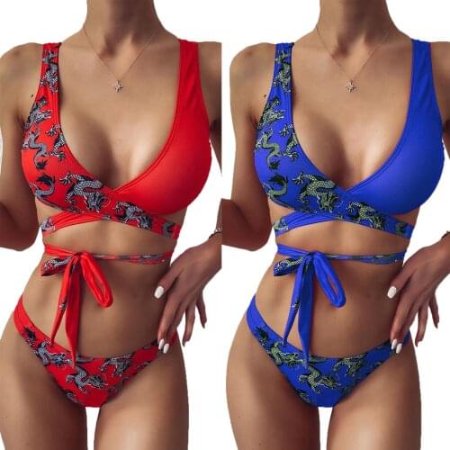Sexy Bandage Womens Split Bikini Set Dragon Print Padded Two Piece Swimsuit Lace Up Ladies Swimwear Summer Bathing Suit