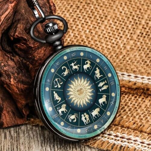 Chic 12 Constellations Delicate Pocket Watch Claasic Quartz Dial Astrology Pattern Green Cover Durable Chain Pendant Clock Gifts
