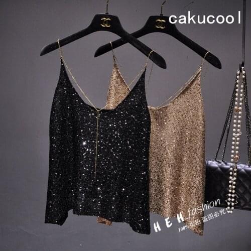 Cakucool Summer Knit Camis Women Khaki Sequined Backless V neck Gold Chain Tank Sexy Casual Basic Top Camisole Spaghetti Female