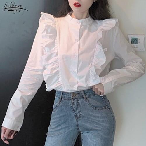 Ruffles Single Breasted Cotton White Shirt Korean Stand Collar White Women Blouse Autumn New Long Sleeve Tops Blusas Femme 16963