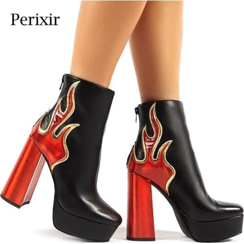 Perixir Flame Platform Block Heeled Ankle Boots Ablaze Black Sexy High Heeled Women Boots Comfortable Women Shoes in Winter