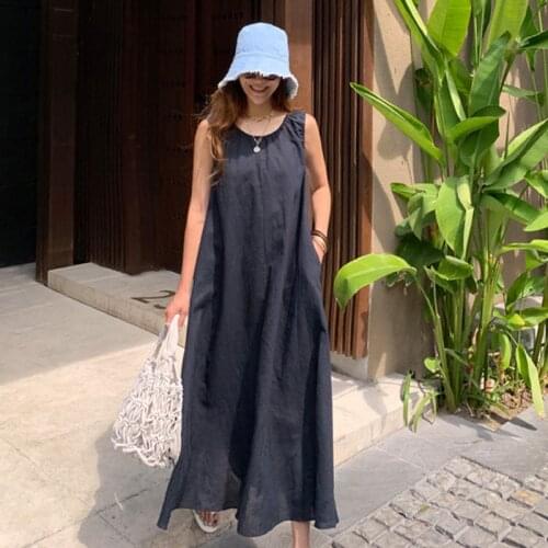 Johnature Casual Sleeveless Women Dress 2021 Summer New Simple Loose Solid Color O-neck Pockets Female Dresses