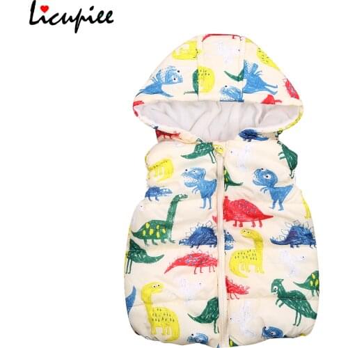 2-7 Years Baby Vests Little Boys Outer Wear Hooded Vest Autumn and Winter Warm Dinosaur Printed Zipper Open Jacket