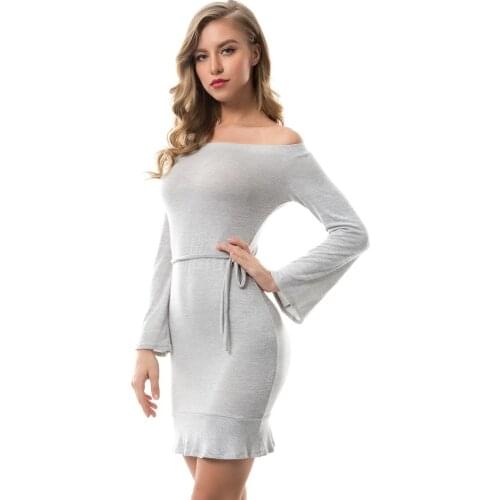 2018 Women Sexy Dress Trumpet Sleeve And Off Shoulder Pure Color Cotton Dress Long Sleeve Wrap Dress
