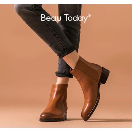BeauToday Chelsea Boots Women Genuine Cow Leather Ankle Booties Waxing Round Toe Elastic Band Female Shoes Handmade 03291