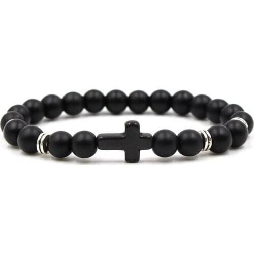 8MM Matted Black Stone Beads Cross Charm Bracelet Fashion Women Men Bracelet Jewelry