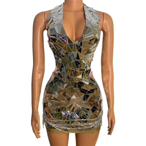 Brand Designer Women Sexy Hollow Out Backless Mirror Dress Fashion Birthday Party Rhinestones Dress Singer Dancer Costume