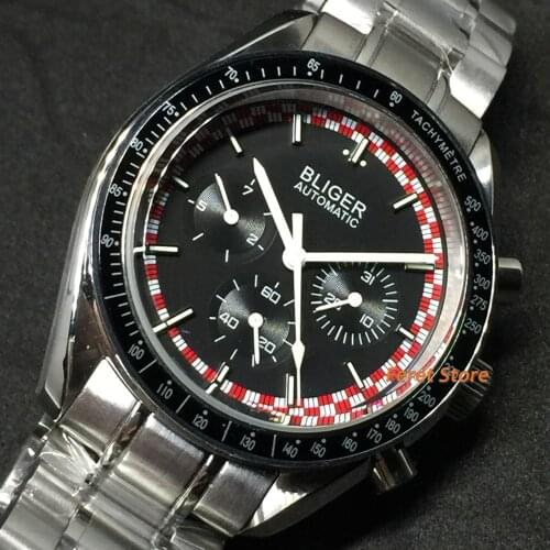 Bliger 40mm New Sterile Mens Watches Black red Dial Week Date Indicator Multifunction Steel Strap Automatic Male Wristwatch