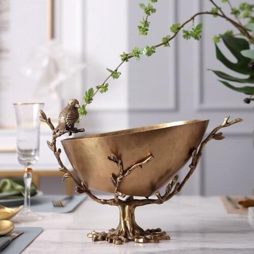 European Brass Tree Branch Bird Statue Fruit Bowl Ornament Model Room Dining Table Light Luxury Storage Tray EA09