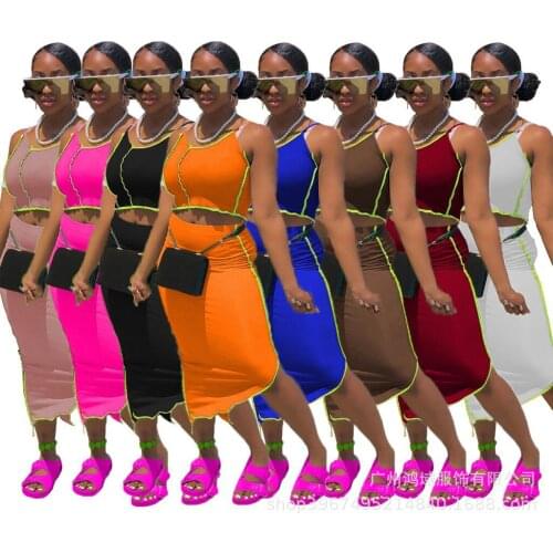 Chiclover Summer Clothes Streetwear Bodycon Two Piece Set Women Bright Line Decoration Sleeveless Vest and Irregular Hem Skirts